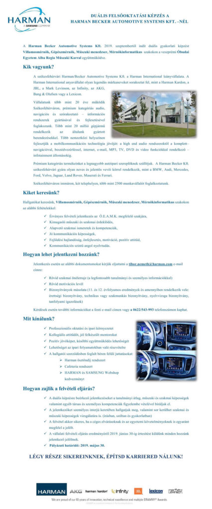 2019 OE Duális FELSŐOKTATÁS képzés a Harman Becker Automotive Systems Kft0001