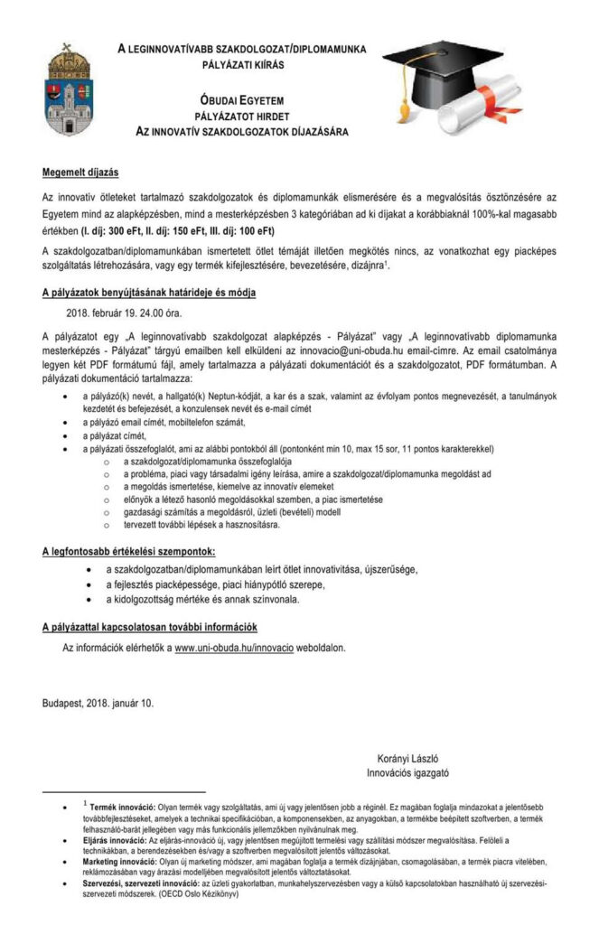 OE - A leginnovatívabb szakdolgozat - rövid pályázati kiírás 2018-01-100001