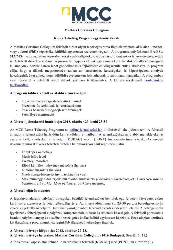 MCC Roma Tehetség Program egyetemistáknak Felvételi kiírás