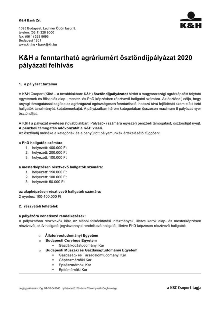 KH a fenntartható agráriumért ösztöndíjpályázat pályázati kiírás 20200001