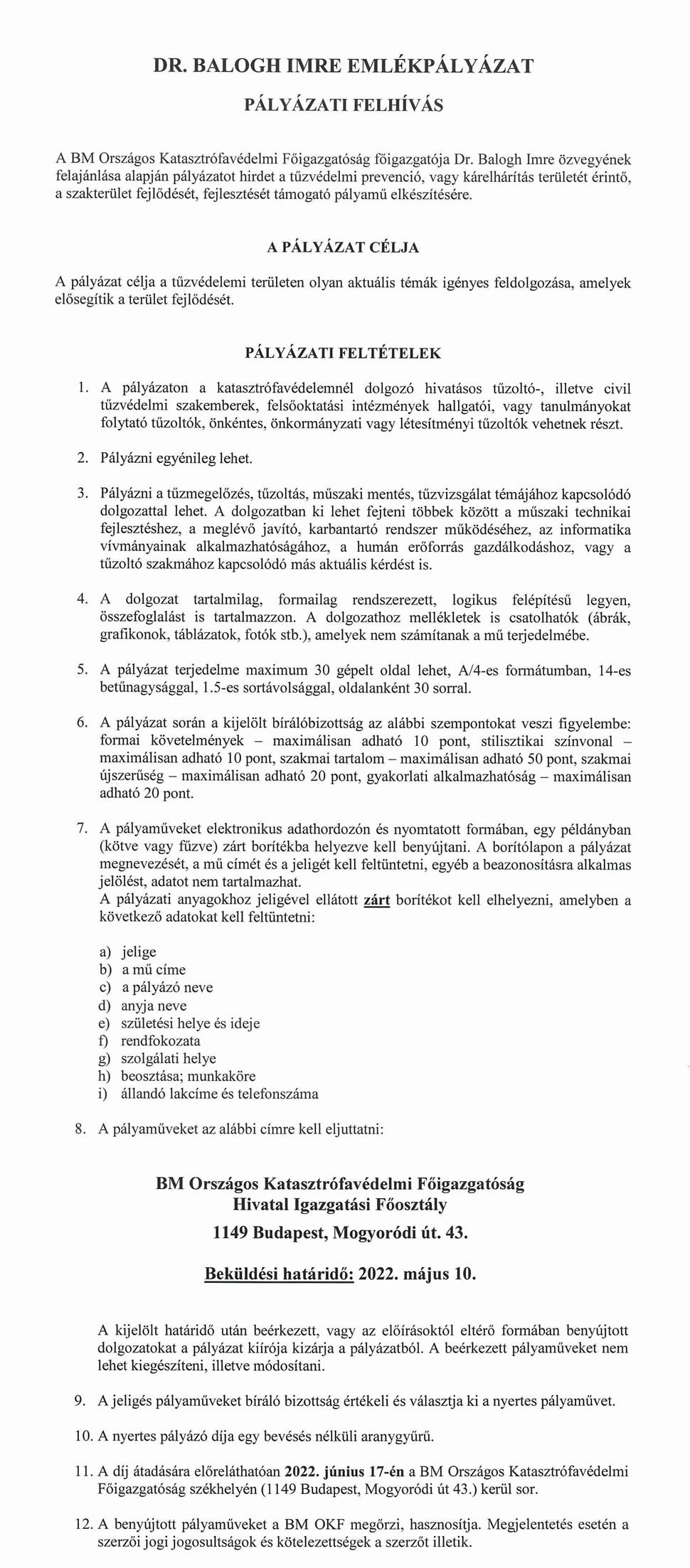 Dr. Balogh Imre emlékpályázat