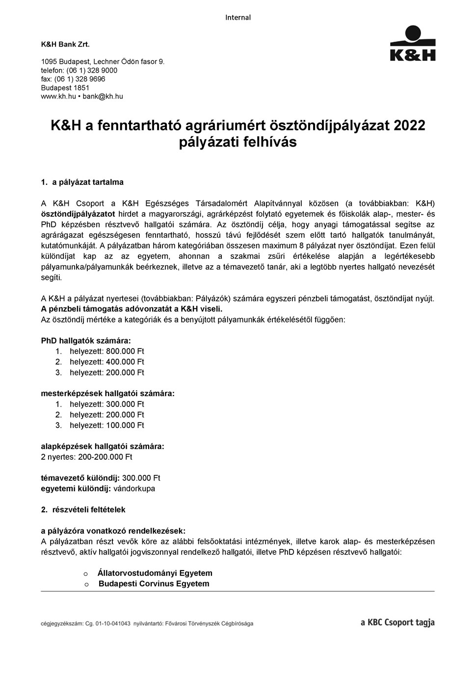 K&H Pályázati felhívás