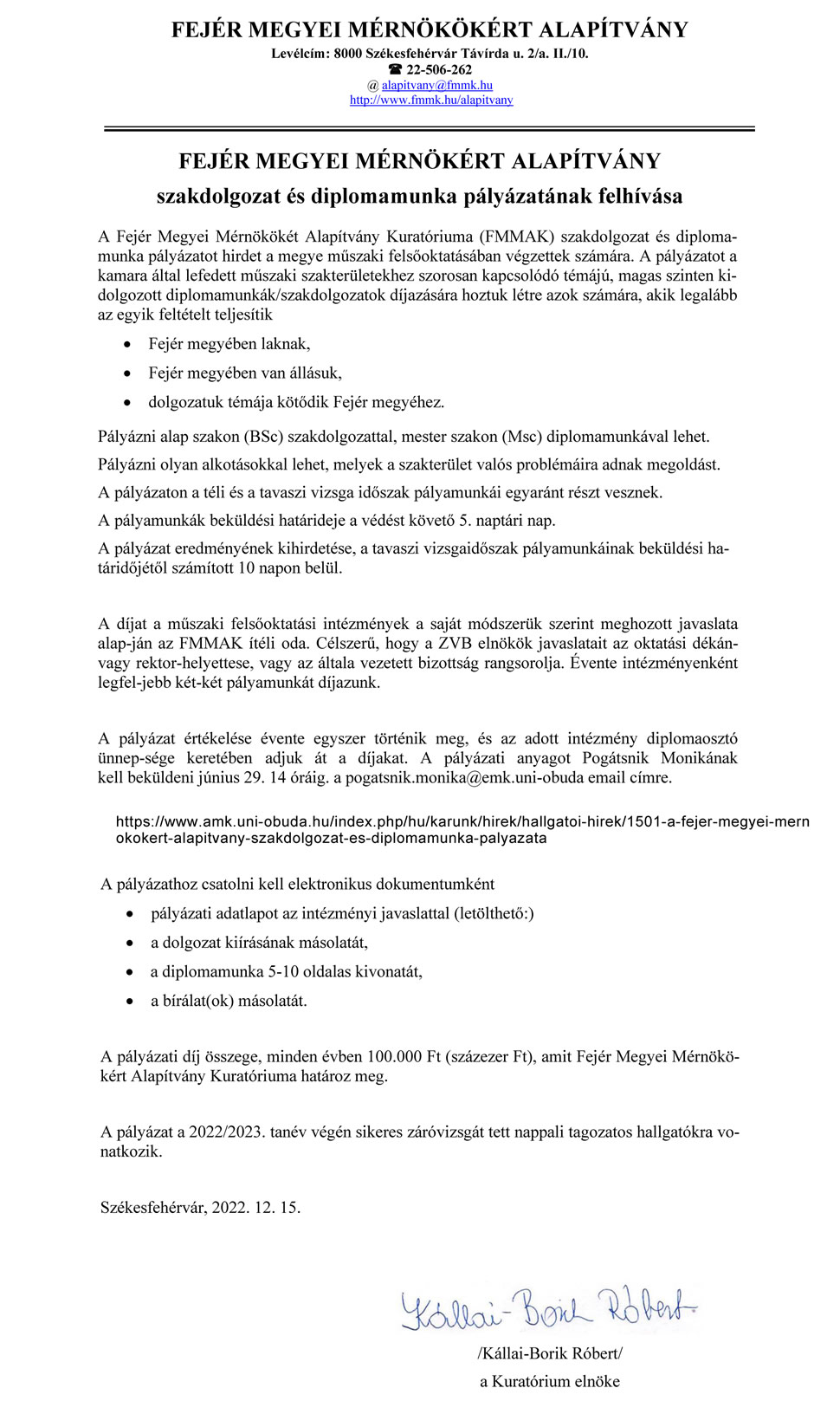 A Fejér Megyei Mérnökökért Alapítvány szakdolgozat és diplomamunka pályázata