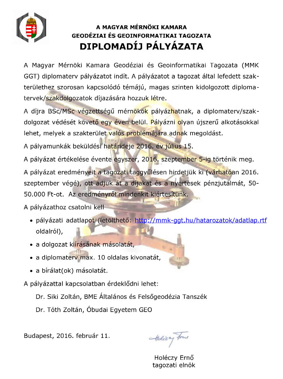 A Magyar Mérnöki Kamara diplomadíj pályázata